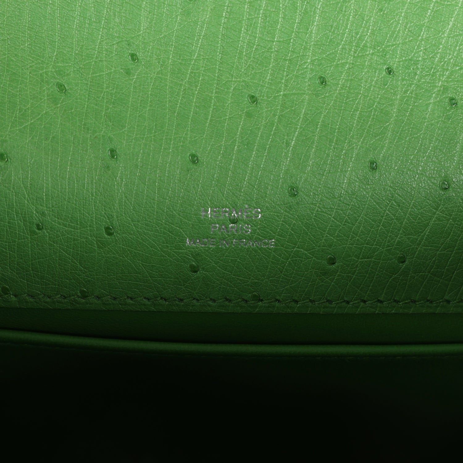 Hermes Kelly Pochette Vert Yucca Ostrich Palladium Hardware