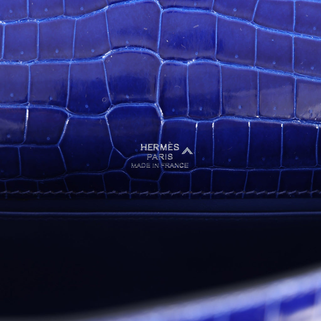 Hermes Kelly Pochette Bleu Electric Shiny Porosus Crocodile Palladium Hardware