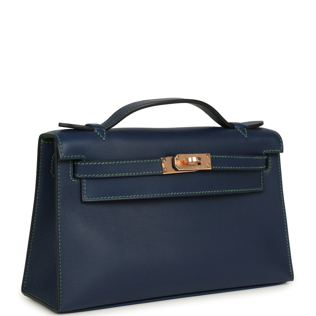 Hermes Special Order (HSS) Kelly Pochette Bleu Navy Verso Swift Rose Gold Hardware