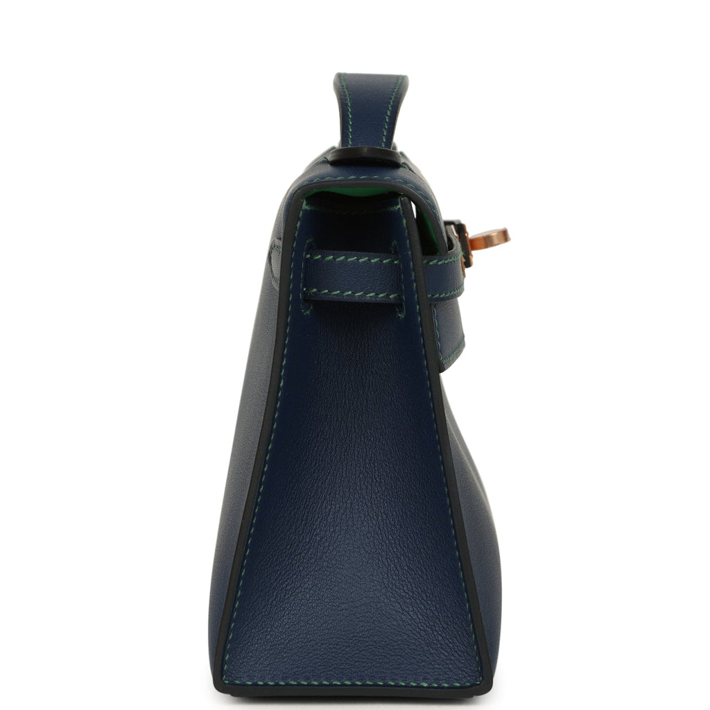 Hermes Special Order (HSS) Kelly Pochette Bleu Navy Verso Swift Rose Gold Hardware
