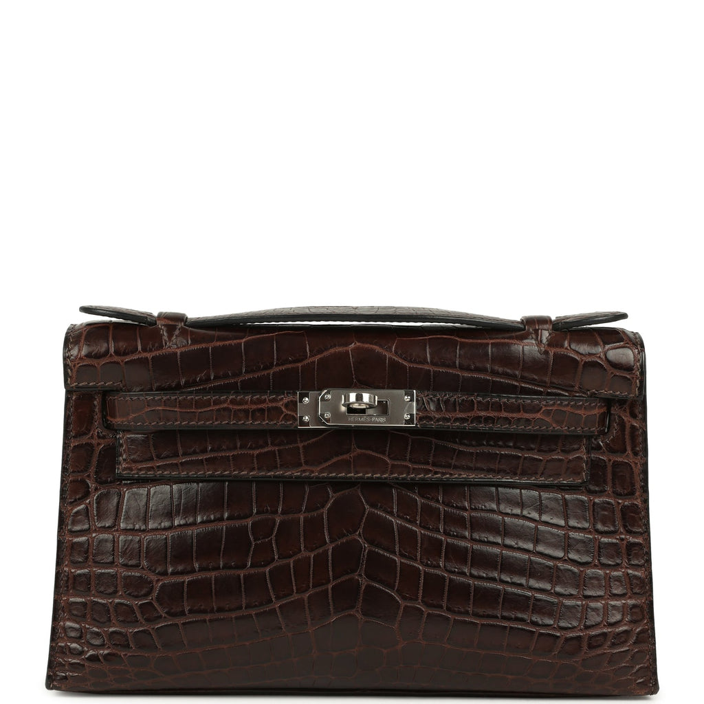 Vintage Hermes Kelly Pochette Havane Matte Niloticus Crocodile Palladium Hardware