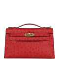 Hermes Kelly Pochette Rouge Vif Ostrich Gold Hardware