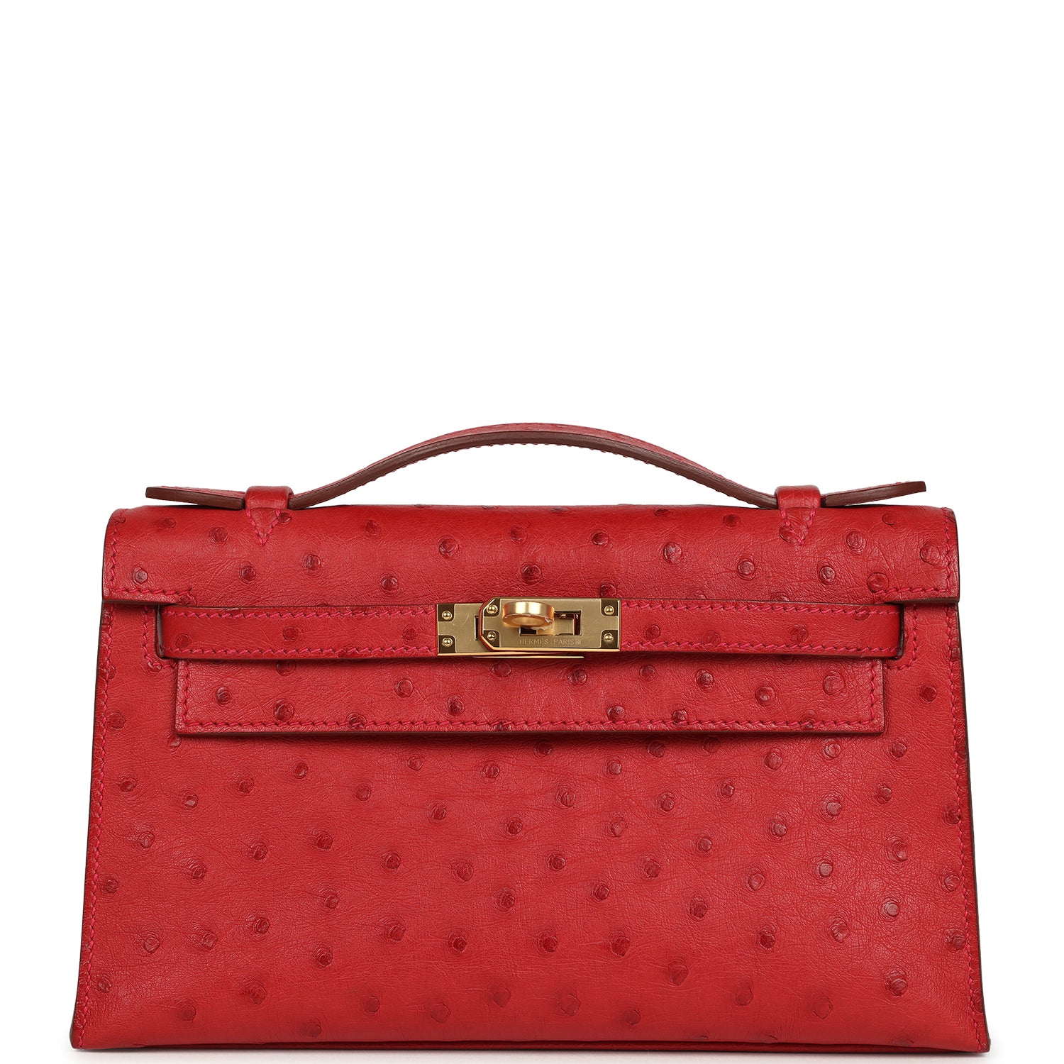Hermes Kelly Pochette Rouge Vif Ostrich Gold Hardware