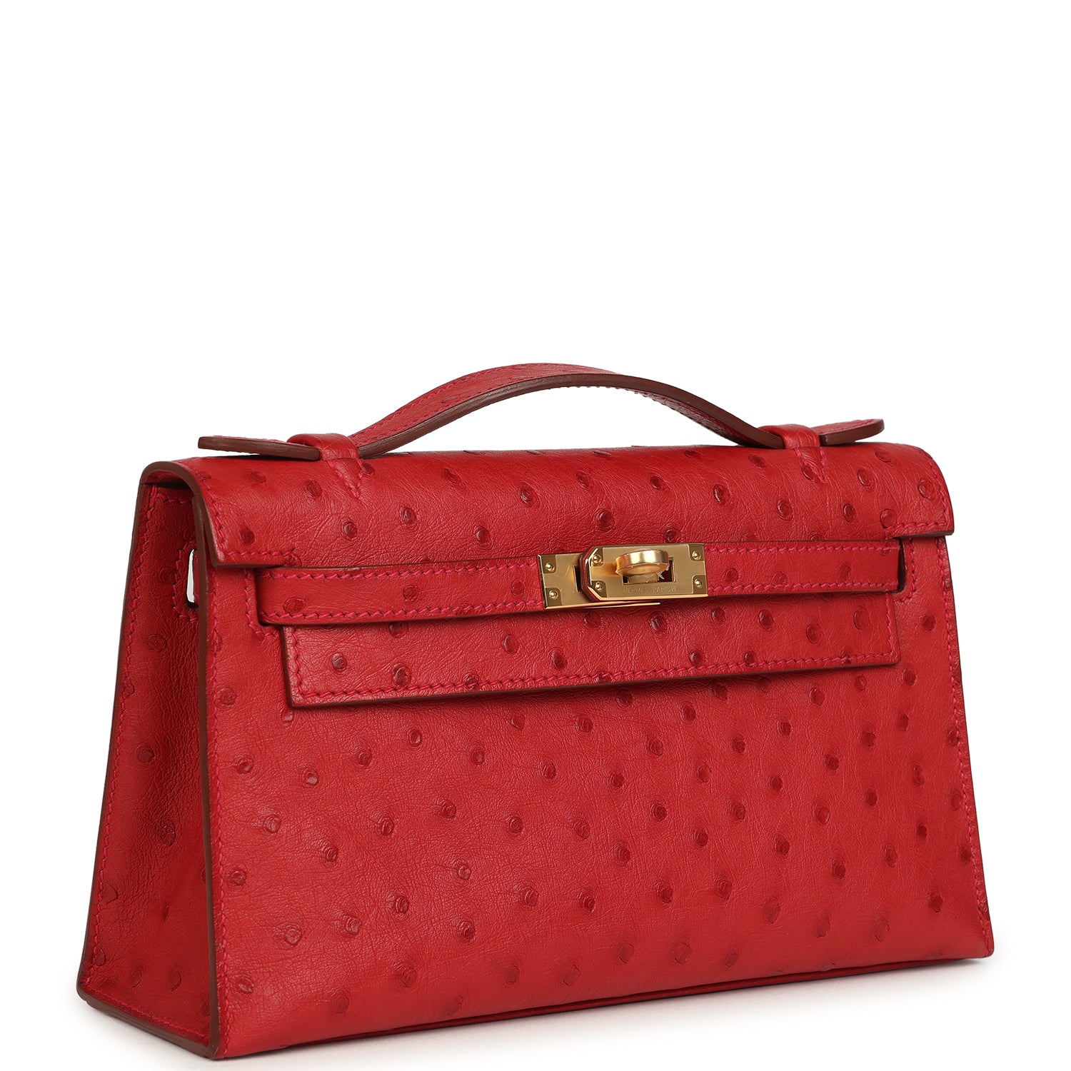 Hermes Kelly Pochette Rouge Vif Ostrich Gold Hardware