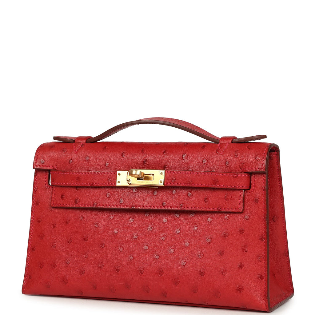 Hermes Kelly Pochette Rouge Vif Ostrich Gold Hardware