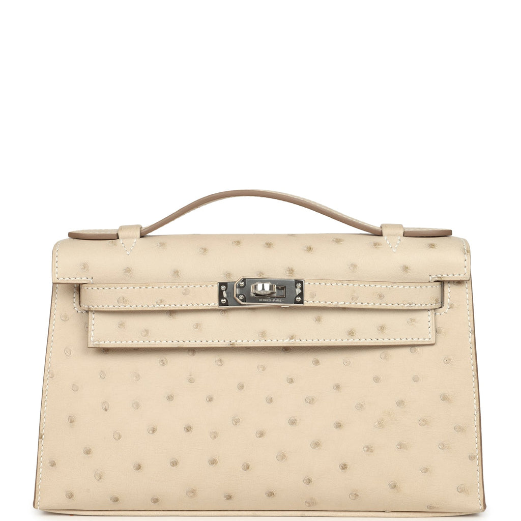 Hermes Kelly Pochette Craie Ostrich Palladium Hardware