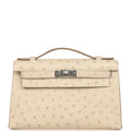 Hermes Kelly Pochette Craie Ostrich Palladium Hardware