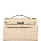 Hermes Kelly Pochette Craie Ostrich Palladium Hardware