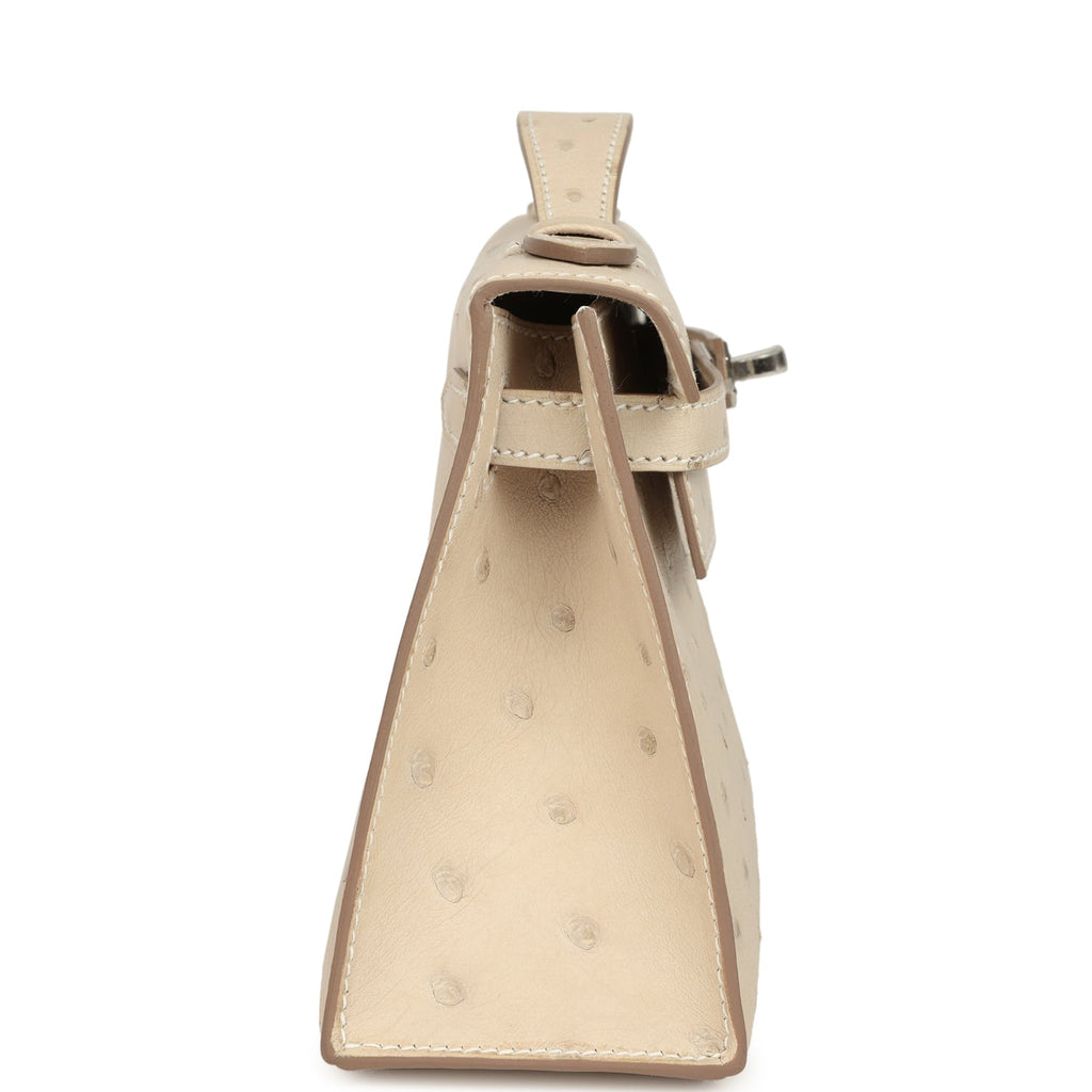 Hermes Kelly Pochette Craie Ostrich Palladium Hardware