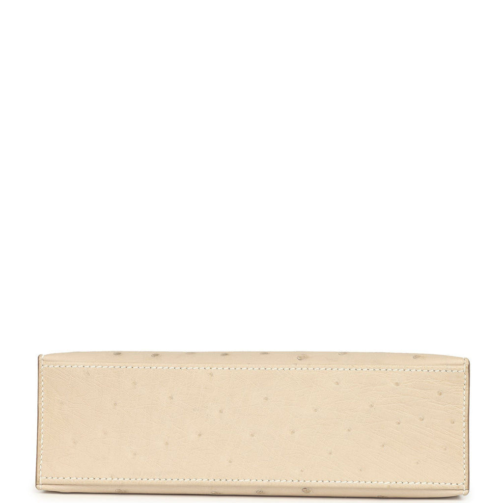 Hermes Kelly Pochette Craie Ostrich Palladium Hardware