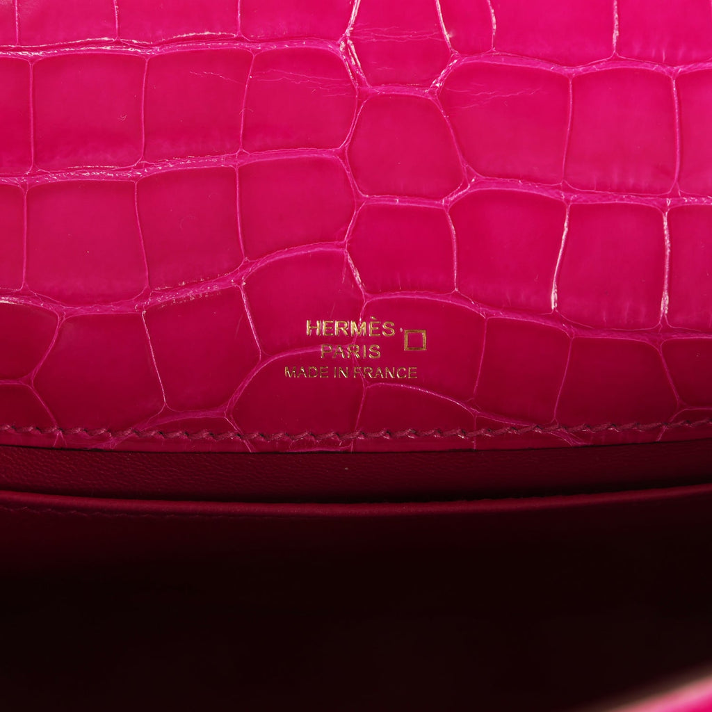 Hermes Kelly Pochette Rose Scheherazade Shiny Alligator Gold Hardware