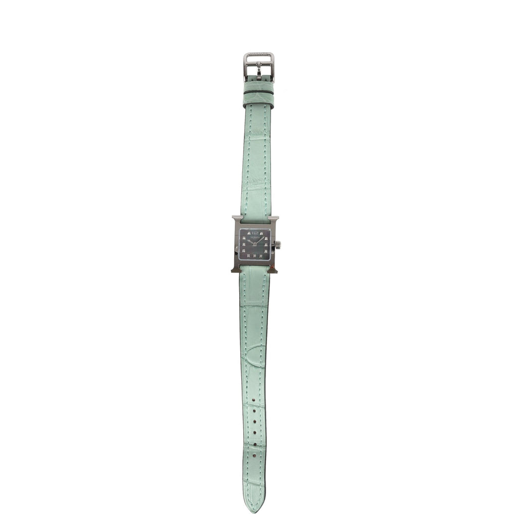 Hermes Heure H Watch XS Vert D’Eau Matte Alligator Mother of Pearl & Diamonds Palladium Hardware