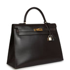 Vintage Hermes Kelly Sellier 35 Marron Fonce Box Gold Hardware