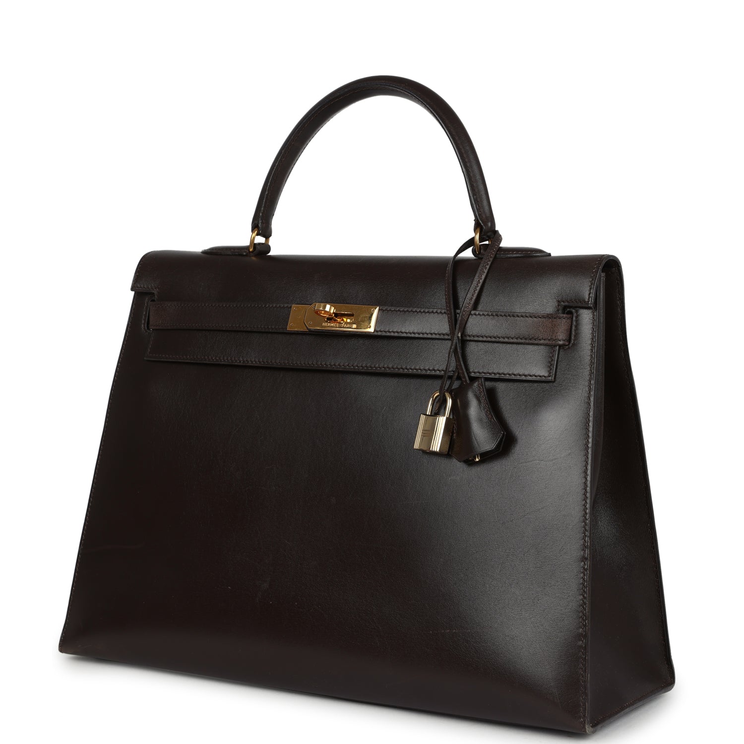 Vintage Hermes Kelly Sellier 35 Marron Fonce Box Gold Hardware
