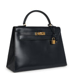 Vintage Hermes Kelly Sellier 32 Bleu Indigo Box Gold Hardware