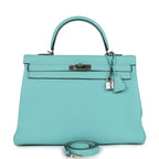 Hermes Kelly Retourne 35 Bleu Atoll Clemence Palladium Hardware