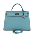 Vintage Hermes Kelly Sellier 35 Blue Jean Epsom Palladium Hardware