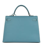 Vintage Hermes Kelly Sellier 35 Blue Jean Epsom Palladium Hardware