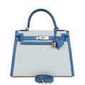 Hermes Kelly Sellier 28 Bleu France Swift and Ecru-Bleu Bill Toile H Canvas Palladium Hardware