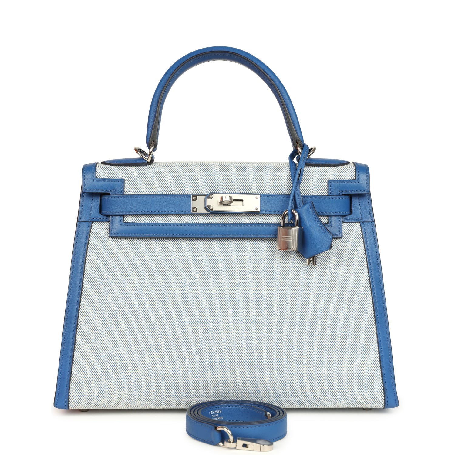 Hermes Kelly Sellier 28 Bleu France Swift and Ecru-Bleu Bill Toile H Canvas Palladium Hardware
