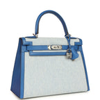 Hermes Kelly Sellier 28 Bleu France Swift and Ecru-Bleu Bill Toile H Canvas Palladium Hardware