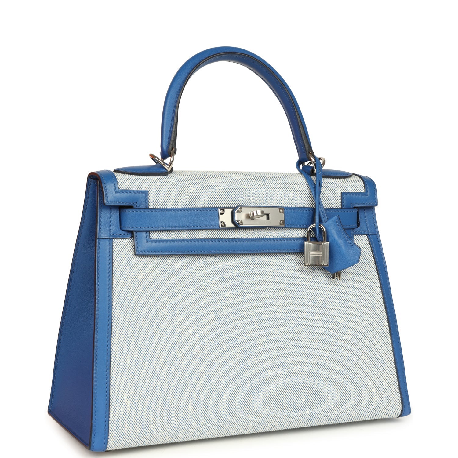 Hermes Kelly Sellier 28 Bleu France Swift and Ecru-Bleu Bill Toile H Canvas Palladium Hardware