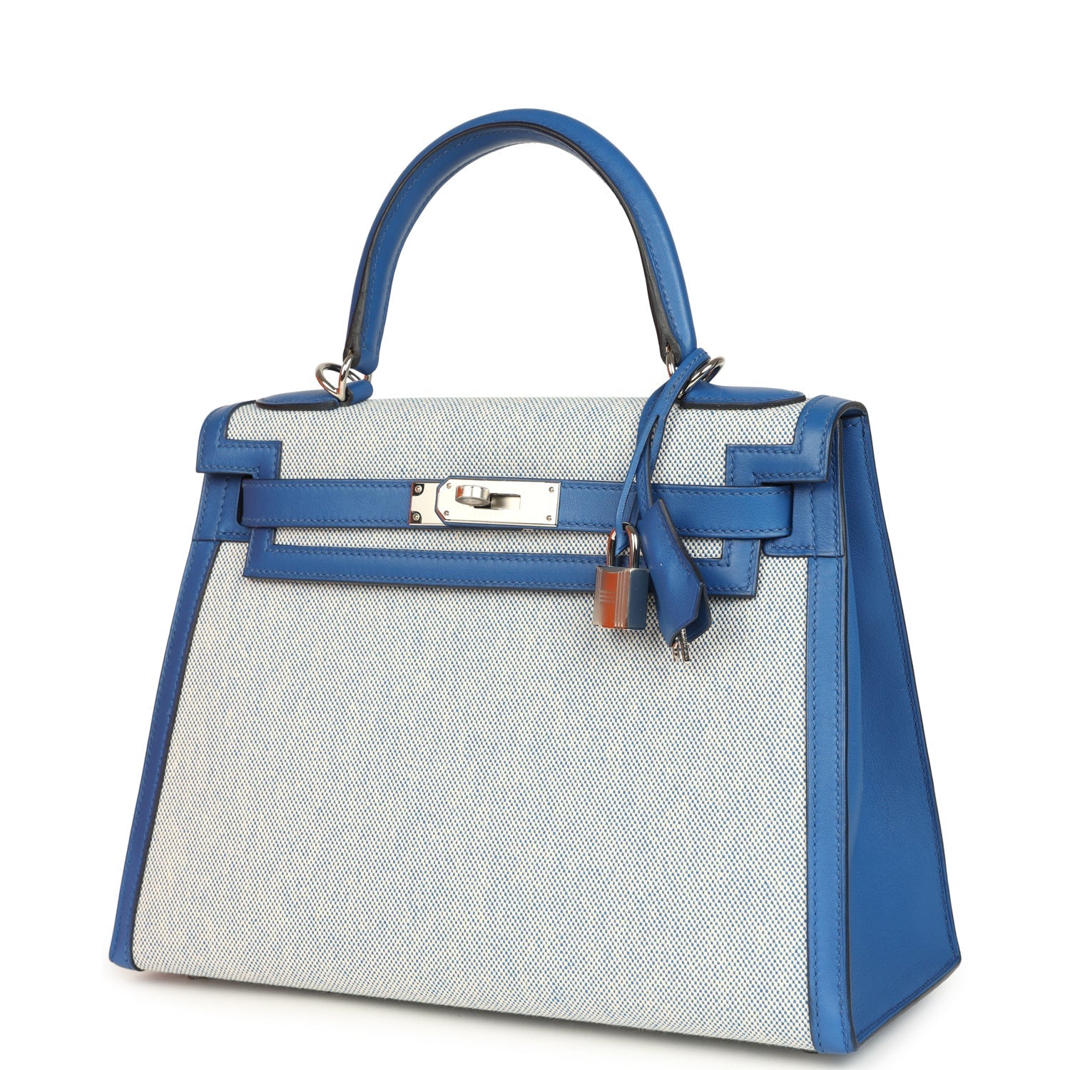 Hermes Kelly Sellier 28 Bleu France Swift and Ecru-Bleu Bill Toile H Canvas Palladium Hardware