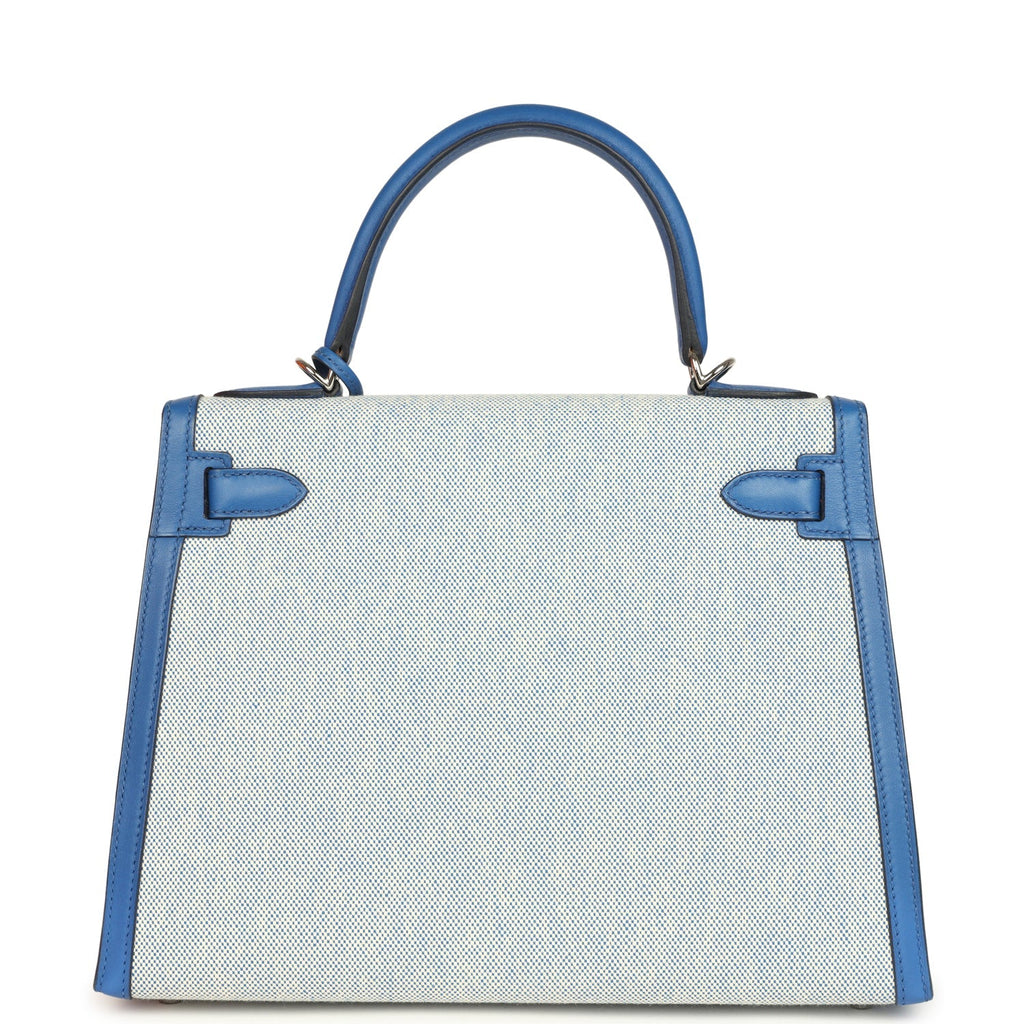 Hermes Kelly Sellier 28 Bleu France Swift and Ecru-Bleu Bill Toile H Canvas Palladium Hardware