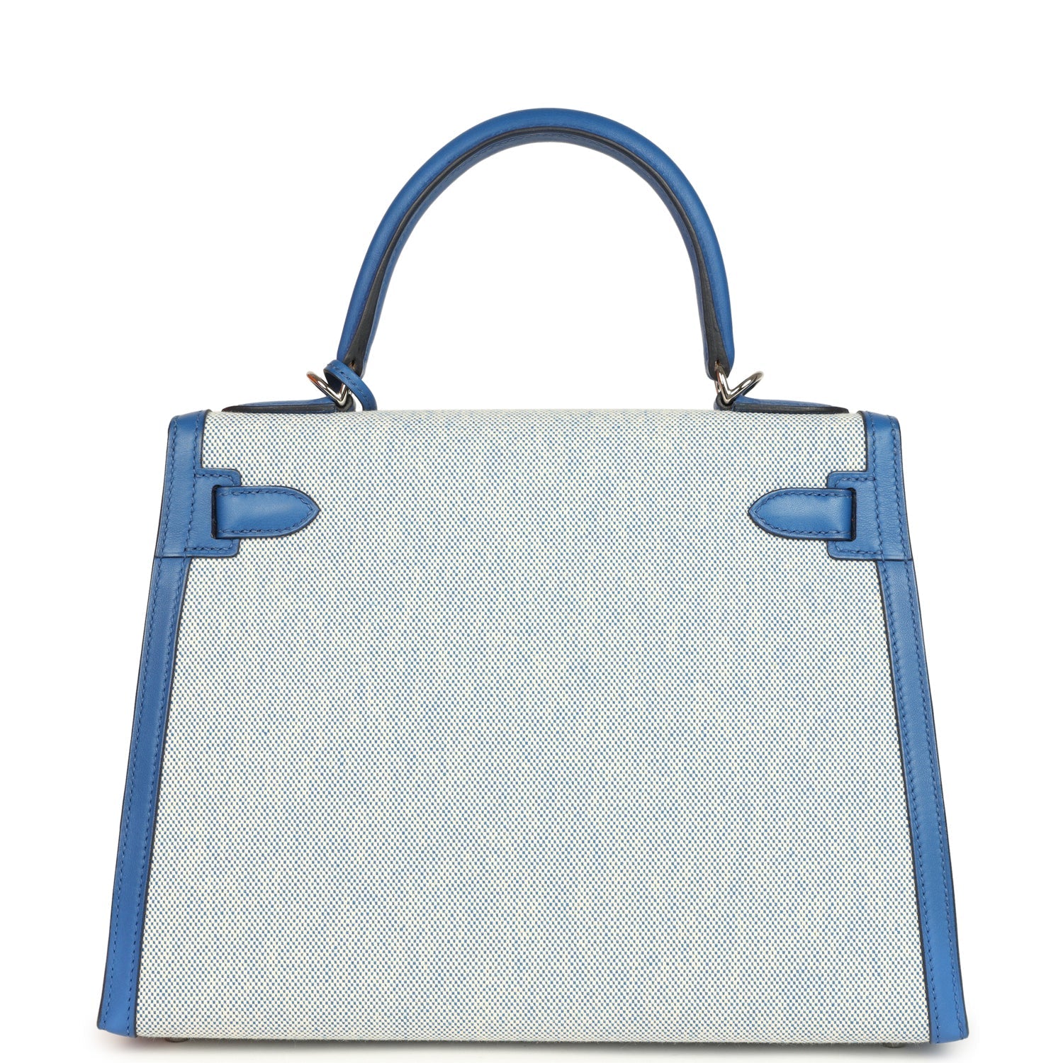 Hermes Kelly Sellier 28 Bleu France Swift and Ecru-Bleu Bill Toile H Canvas Palladium Hardware
