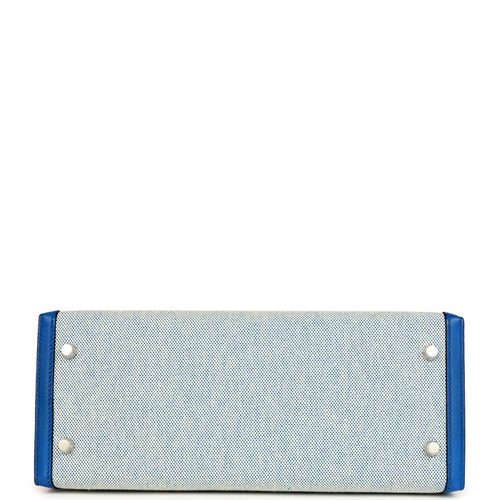 Hermes Kelly Sellier 28 Bleu France Swift and Ecru-Bleu Bill Toile H Canvas Palladium Hardware