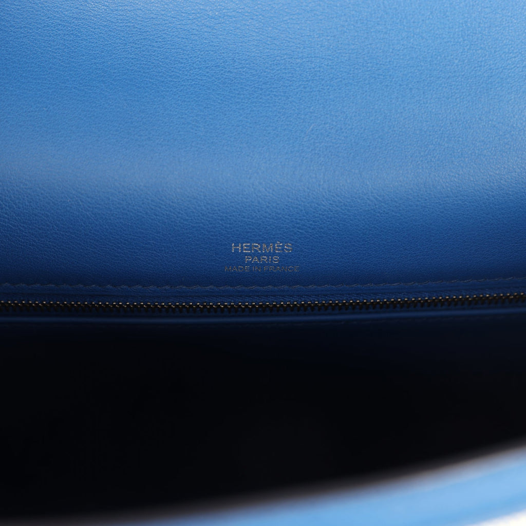 Hermes Kelly Sellier 28 Bleu France Swift and Ecru-Bleu Bill Toile H Canvas Palladium Hardware
