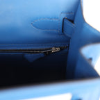 Hermes Kelly Sellier 28 Bleu France Swift and Ecru-Bleu Bill Toile H Canvas Palladium Hardware
