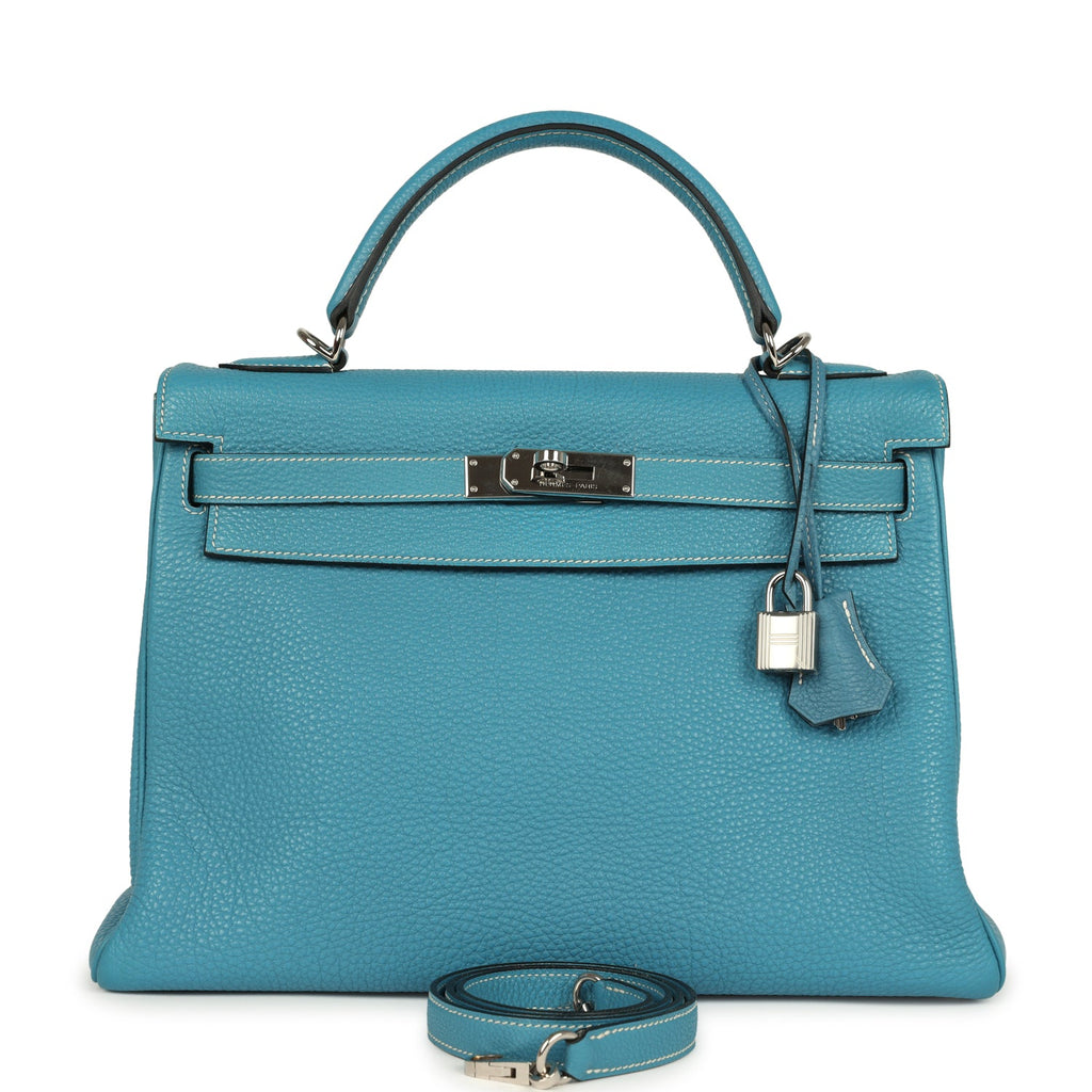 Vintage Hermes Kelly Retourne 32 Blue Jean Togo Palladium Hardware