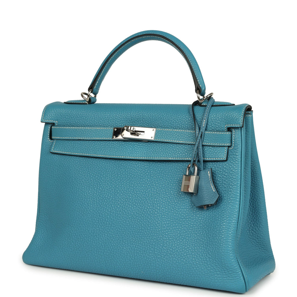 Vintage Hermes Kelly Retourne 32 Blue Jean Togo Palladium Hardware