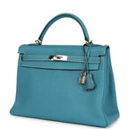 Vintage Hermes Kelly Retourne 32 Blue Jean Togo Palladium Hardware