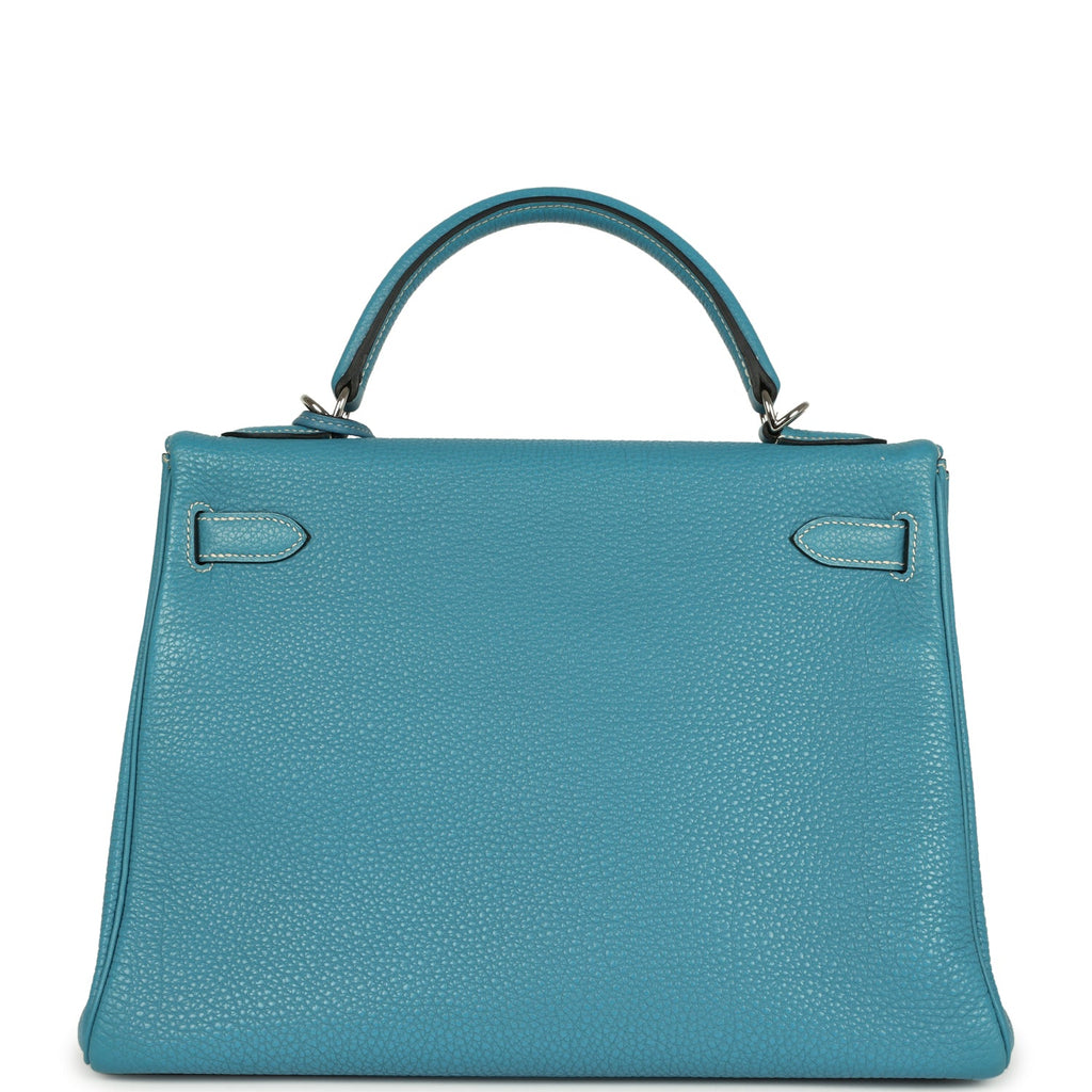 Vintage Hermes Kelly Retourne 32 Blue Jean Togo Palladium Hardware