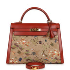 Vintage Hermes "Kimono" Kelly Sellier 32 Brique Box and Embroidered Silk Gold Hardware