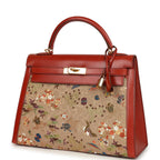 Vintage Hermes "Kimono" Kelly Sellier 32 Brique Box and Embroidered Silk Gold Hardware
