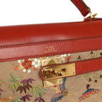 Vintage Hermes "Kimono" Kelly Sellier 32 Brique Box and Embroidered Silk Gold Hardware