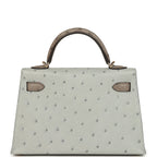 Hermes Special Order (HSS) Kelly Sellier 20 Bleu Glacier and Gris Tourterelle Ostrich Permabrass Hardware