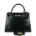 Hermes Kelly Sellier 28 Vert Cypres Shiny Niloticus Crocodile Gold Hardware