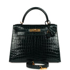 Hermes Kelly Sellier 28 Vert Cypres Shiny Niloticus Crocodile Gold Hardware