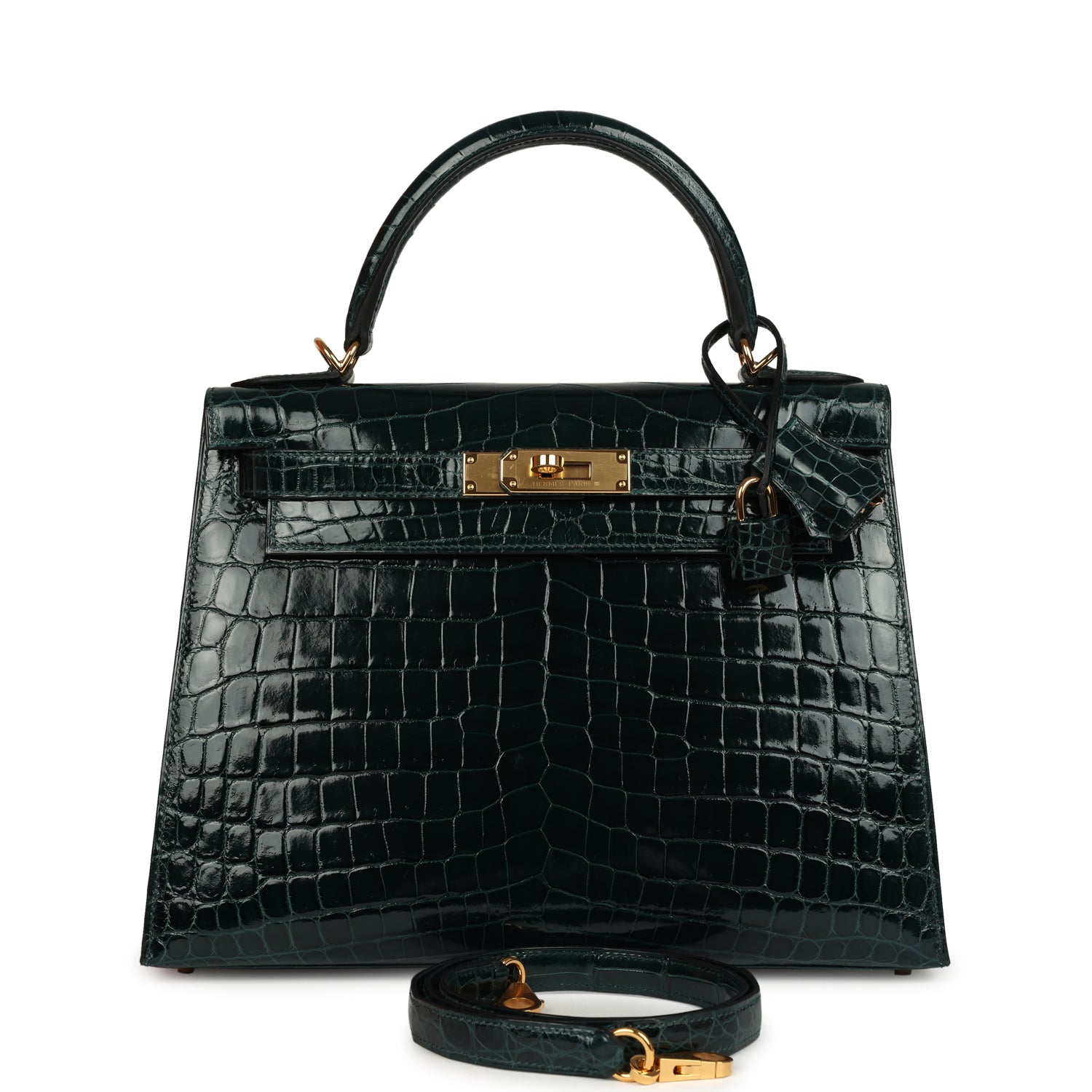 Hermes Kelly Sellier 28 Vert Cypres Shiny Niloticus Crocodile Gold Hardware