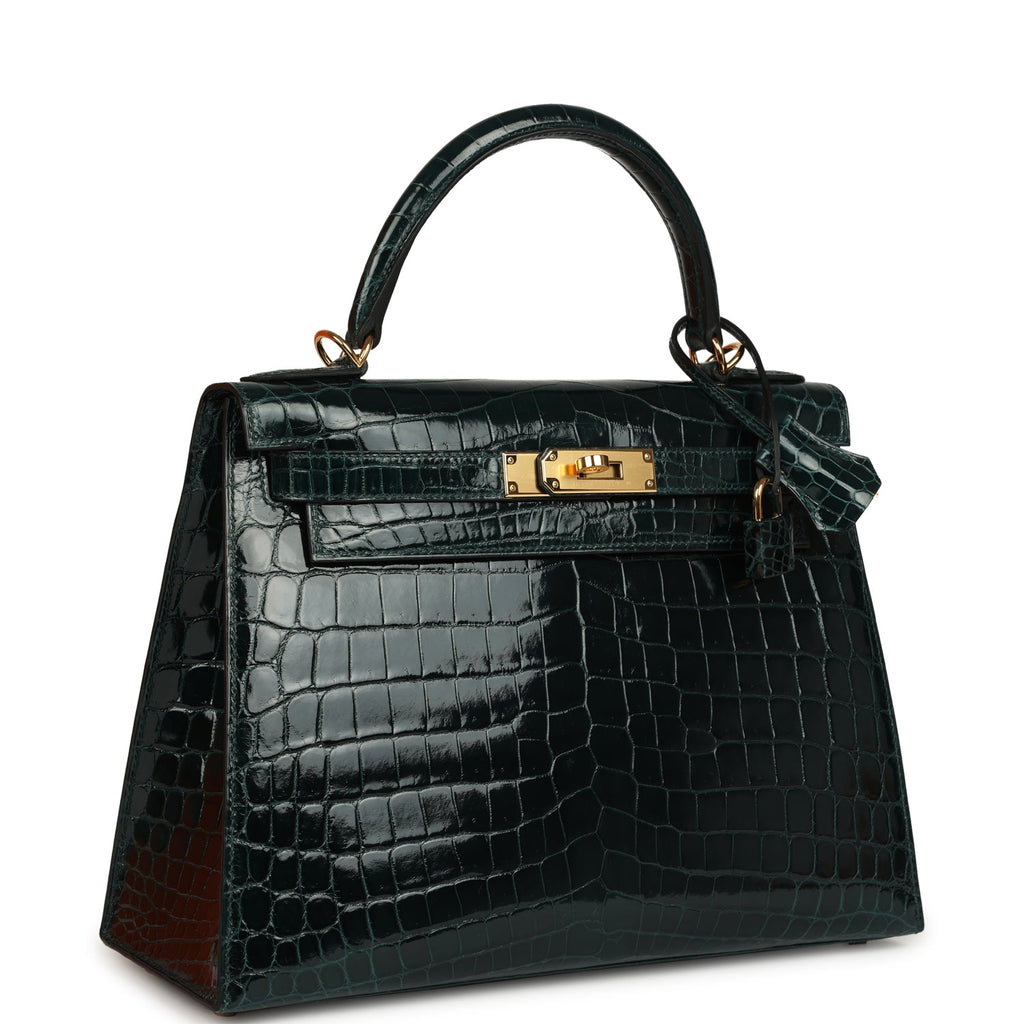 Hermes Kelly Sellier 28 Vert Cypres Shiny Niloticus Crocodile Gold Hardware