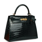 Hermes Kelly Sellier 28 Vert Cypres Shiny Niloticus Crocodile Gold Hardware
