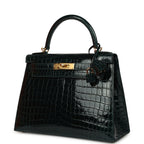 Hermes Kelly Sellier 28 Vert Cypres Shiny Niloticus Crocodile Gold Hardware