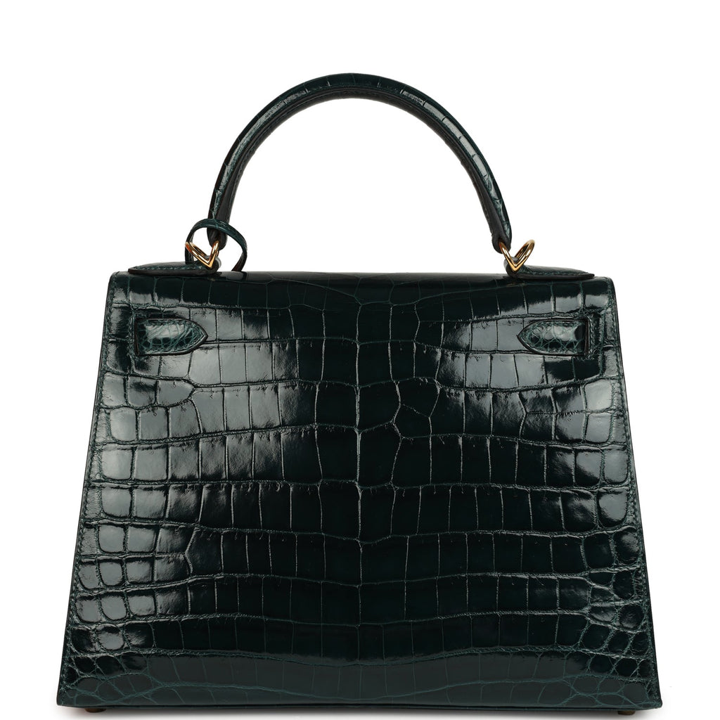 Hermes Kelly Sellier 28 Vert Cypres Shiny Niloticus Crocodile Gold Hardware