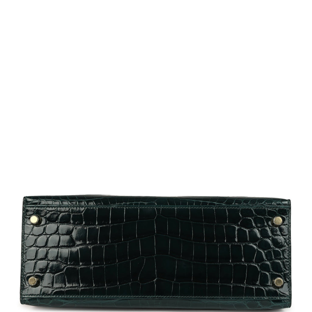 Hermes Kelly Sellier 28 Vert Cypres Shiny Niloticus Crocodile Gold Hardware