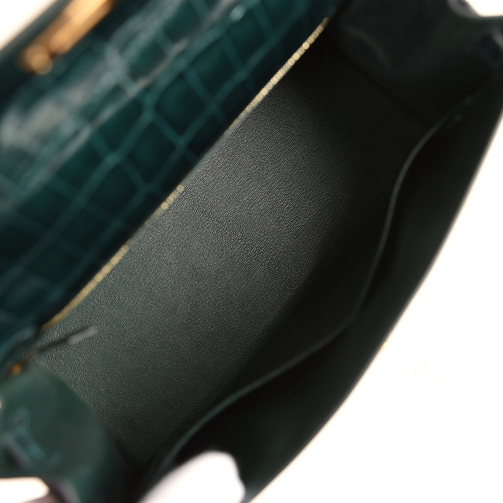 Hermes Kelly Sellier 28 Vert Cypres Shiny Niloticus Crocodile Gold Hardware
