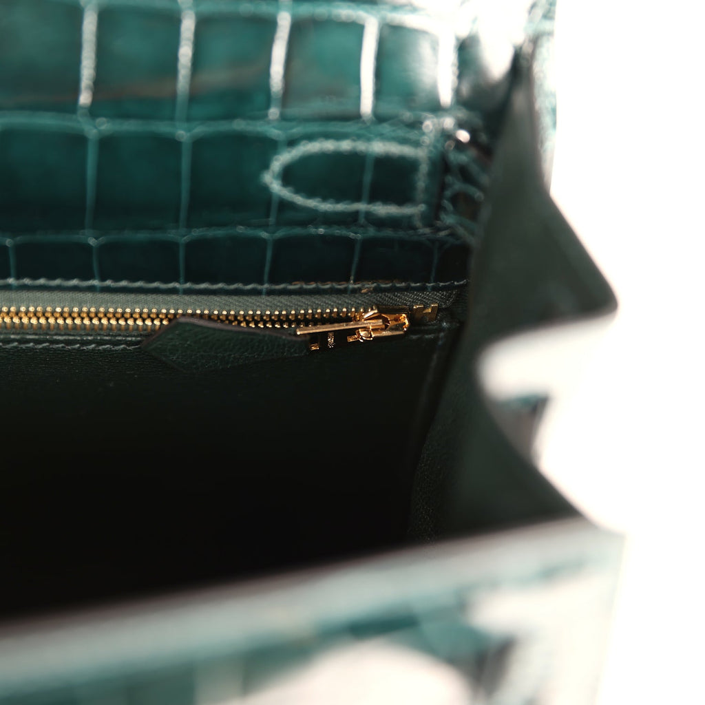 Hermes Kelly Sellier 28 Vert Cypres Shiny Niloticus Crocodile Gold Hardware